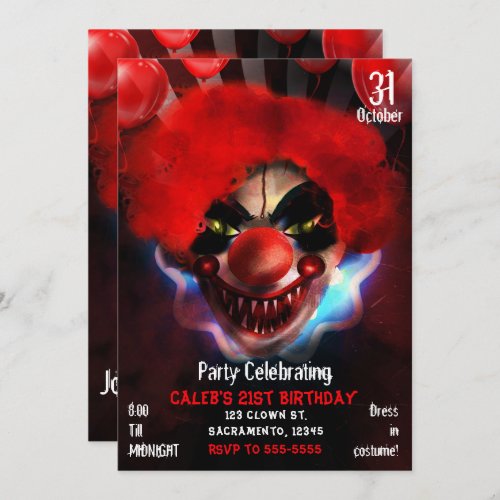 Creepy Scary Killer Clown Halloween Birthday Party Invitation