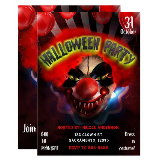creepy scary killer clown halloween party invitation zazzle com