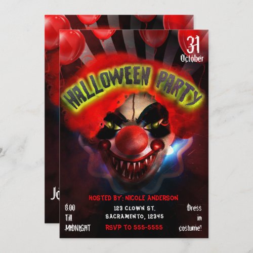 Creepy Scary Killer Clown Halloween Party Invitation