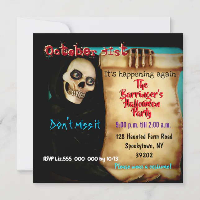 Creepy Scary Skeleton Costume Halloween Invitation | Zazzle