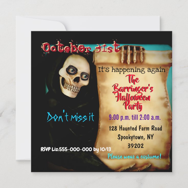 Creepy Scary Skeleton Costume Halloween Invitation | Zazzle