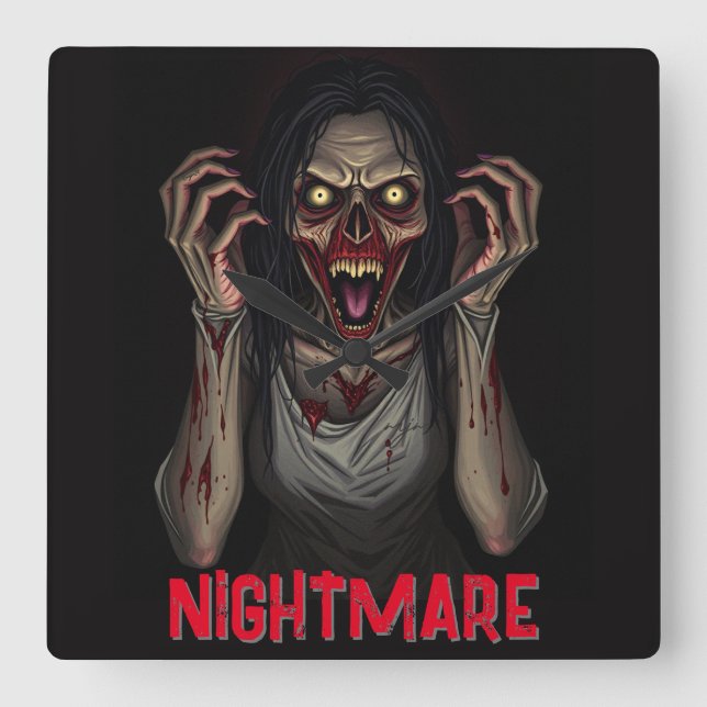 Creepy Scary Vampire Zombie Girl Square Wall Clock (Front)