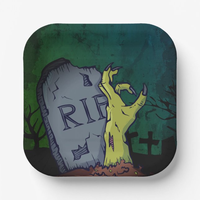 Creepy Scary Zombie Hand Grave Halloween Party Paper Plates (Front)