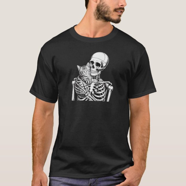 Creepy Skeleton and Cat Kitten Funny Cat Lover Hal T-Shirt (Front)