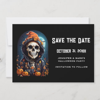 Creepy Skeleton & Autumn Pumpkins Halloween Save The Date