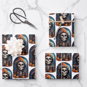 Creepy Skeleton & Autumn Pumpkins Pattern Wrapping Paper Sheets