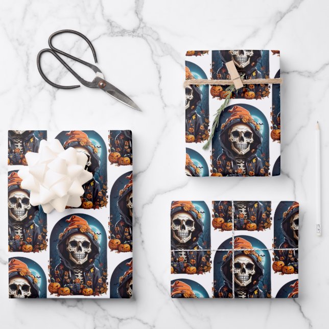 Creepy Skeleton & Autumn Pumpkins Pattern Wrapping Paper Sheets (Front)