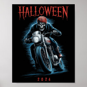 Creepy Skeleton Biker On Motorcycle Halloween 2024 Poster