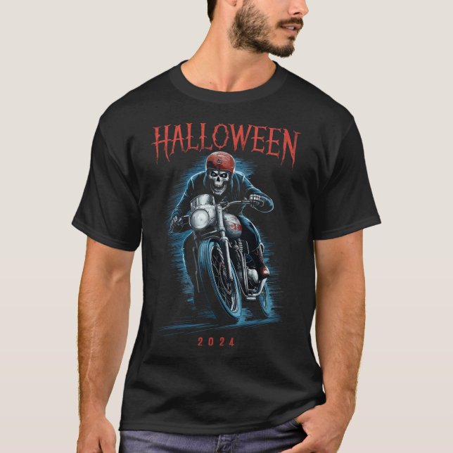 Creepy Skeleton Biker On Motorcycle Halloween 2024 T-Shirt (Front)