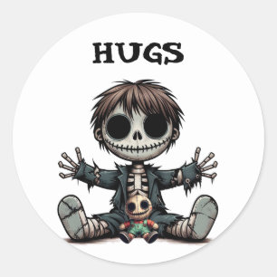 creepy skeleton boy giving hugs cartoon art classic round sticker