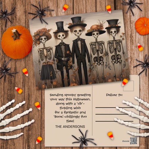 Creepy Skeleton Family Happy Halloween Holiday Postcard