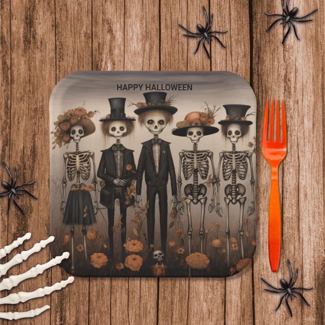 Creepy Skeleton Family Happy Halloween Paper Plates (Creator Uploaded)
