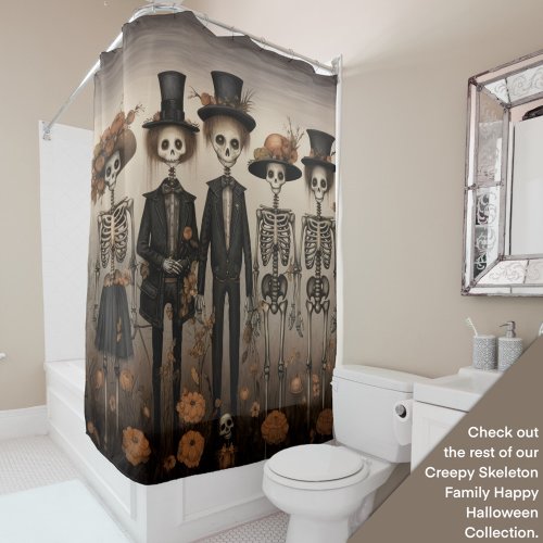 Creepy Skeleton Family Happy Halloween Shower Curtain