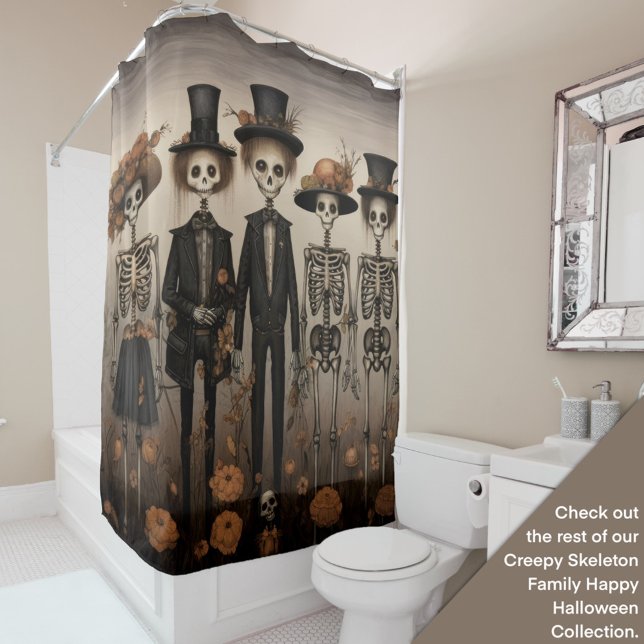 Creepy Skeleton Family Happy Halloween Shower Curtain (Creator Uploaded)