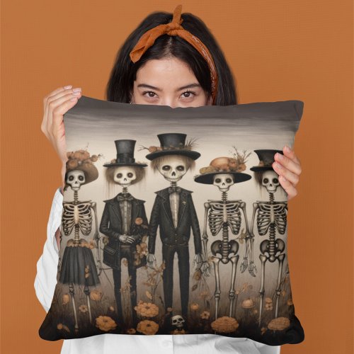 Creepy Skeleton Family Happy Halloween Throw Pillow