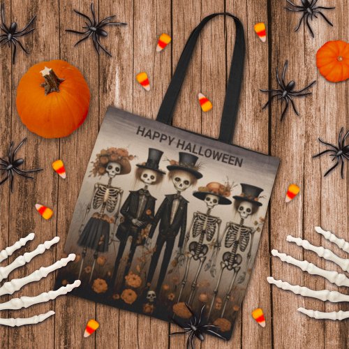 Creepy Skeleton Family Happy Halloween Tote Bag