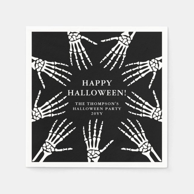Creepy Skeleton Hand Bones On Black Halloween Napkins (Front)