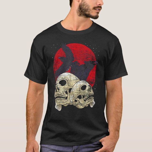 Creepy Skeleton Head Spooky Skull Raven Gothic Ani T-Shirt (Front)
