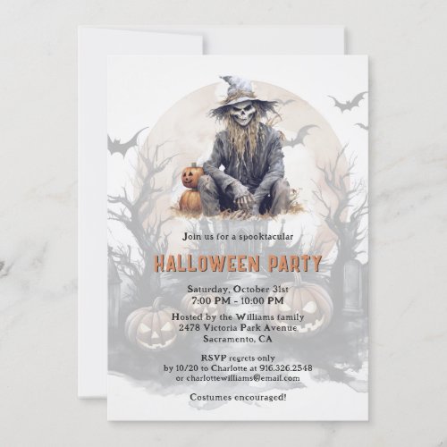Creepy Skeleton Pumpkins Full Moon Halloween Party Invitation