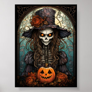 Creepy Skeleton Witch Halloween And Orange Pumpkin Poster