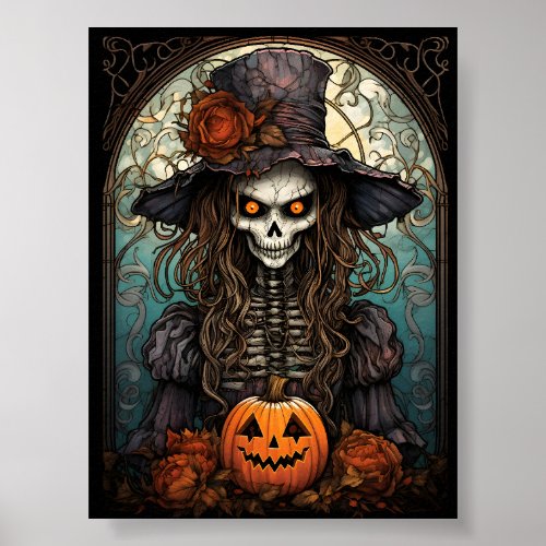 Creepy Skeleton Witch Halloween And Orange Pumpkin Poster