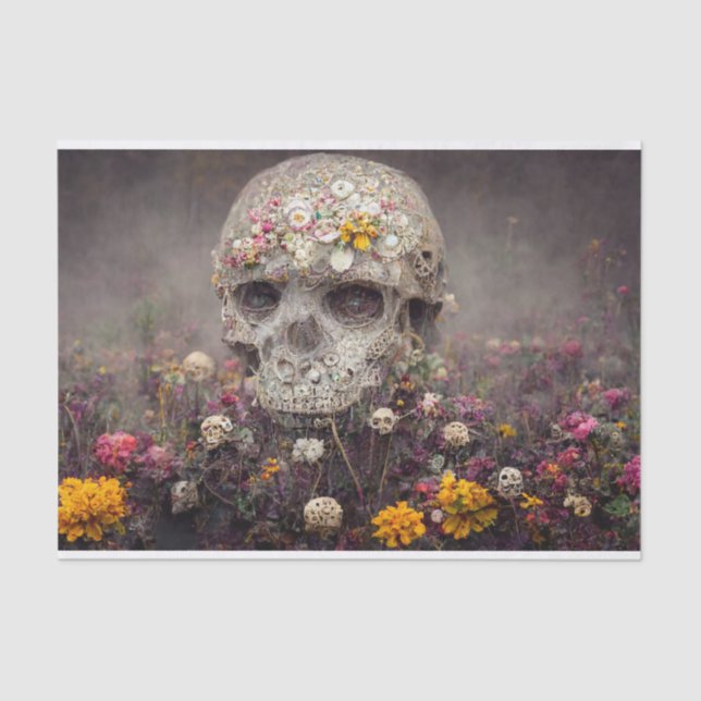 Creepy Skull in Flower Garden Decoupage Tissue Pap Tissue Paper (Front)