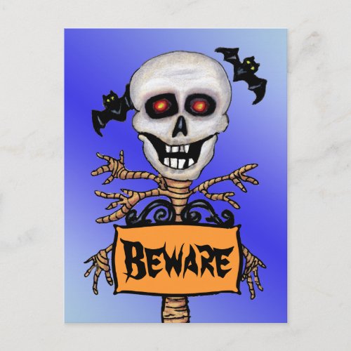 Creepy Skull Tree Beware Sign Bats Postcard