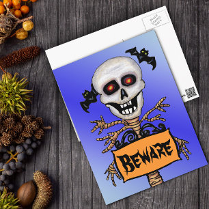 Creepy Skull Tree Beware Sign Bats Postcard