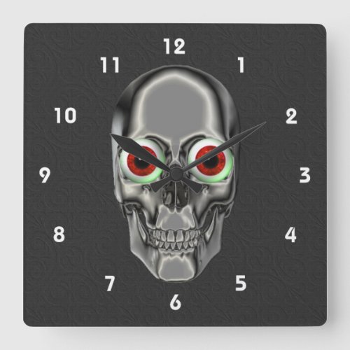 Creepy Skull With Red Eyeballs Square Wall Clock