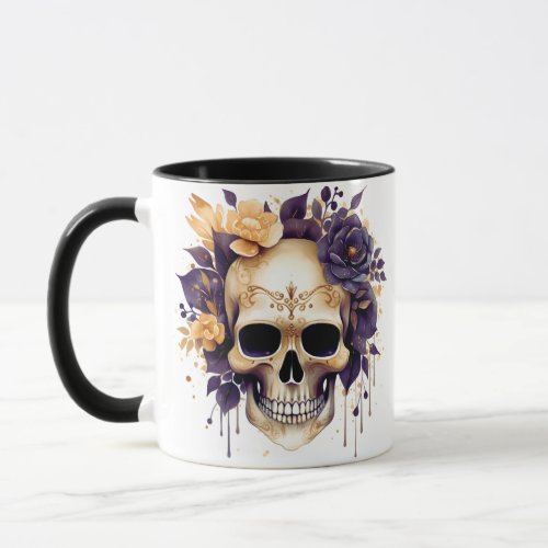 Creepy Skull Yellow and Purple Flowers Halloween Mug
