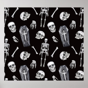Creepy Skulls: Halloween Watercolor Pattern Poster