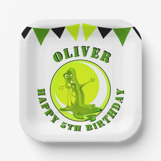 Creepy Slime Monster Kid`s Name Happy Birthday Paper Plates (Front)