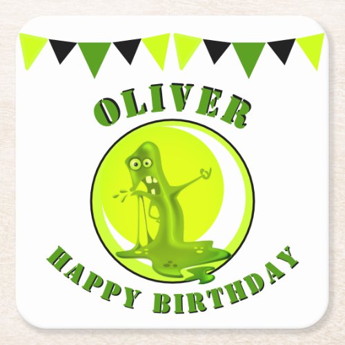 Creepy Slime Monster Kids Name Happy Birthday Square Paper Coaster