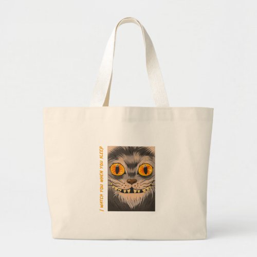 creepy smiling cat face large tote bag