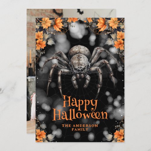 Creepy Spider Floral Photo Happy Halloween Card