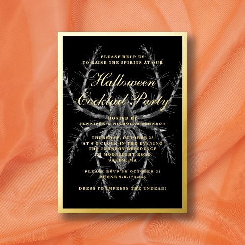 Creepy Spider Halloween Cocktail Party Gold Foil Invitation