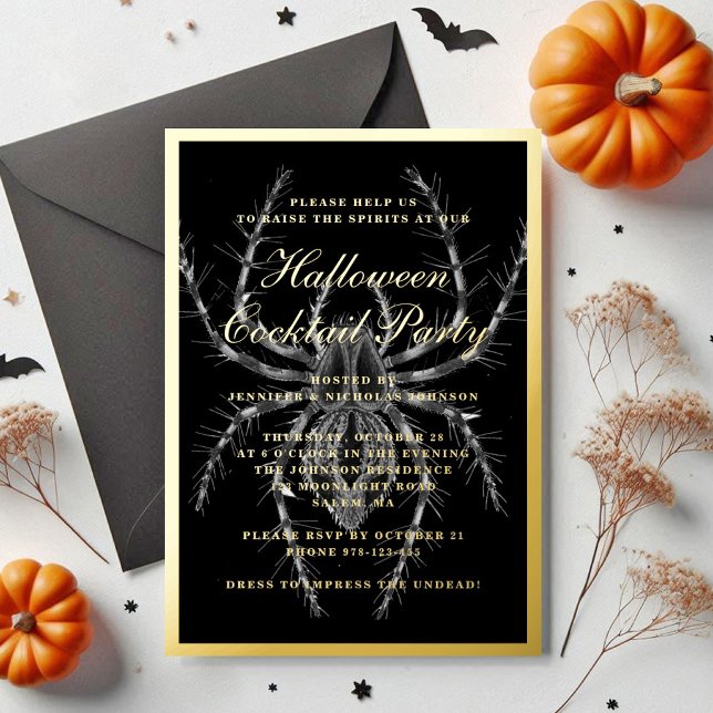 Creepy Spider Halloween Cocktail Party Gold Foil Invitation (Creepy Spider Halloween Cocktail Party Gold Foil Invitation)