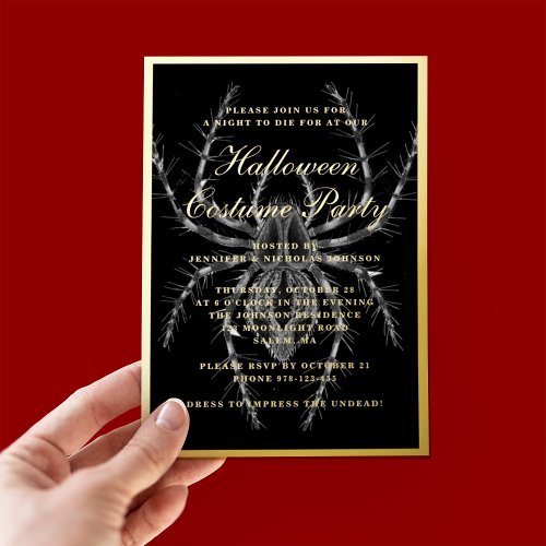 Creepy Spider Halloween Costume Party Gold  Foil Invitation