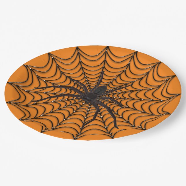 Creepy Spider Web And Black Spider Halloween Paper Plates (Angled)