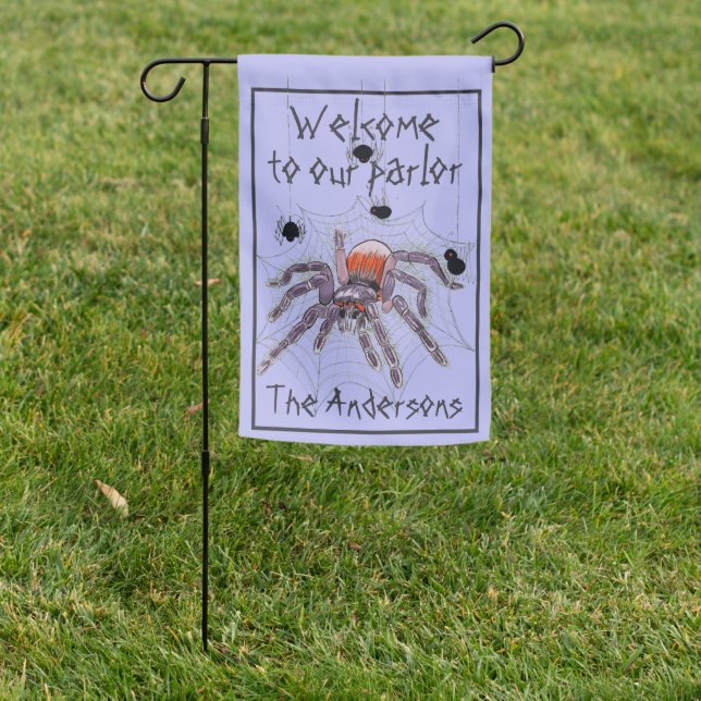 Creepy Spiders in Web to Personalize Welcome Garden Flag (In SItu)