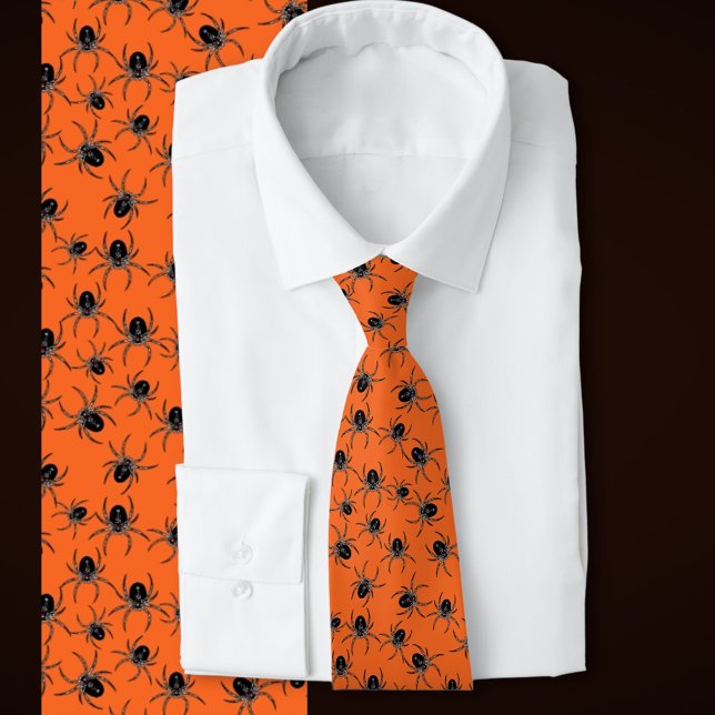 Creepy Spiders Neck Tie (Black spiders on a Halloween orange background )