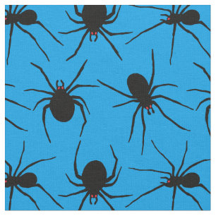 Creepy Spiders With Red Eyes Blue Patterned Fabric