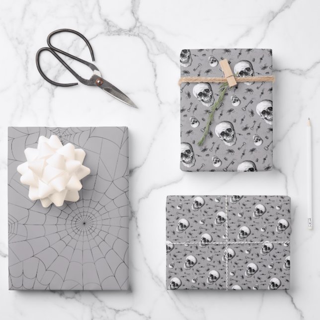 Creepy Spiderwebs and Skull Halloween Wrapping Paper Sheets (Front)