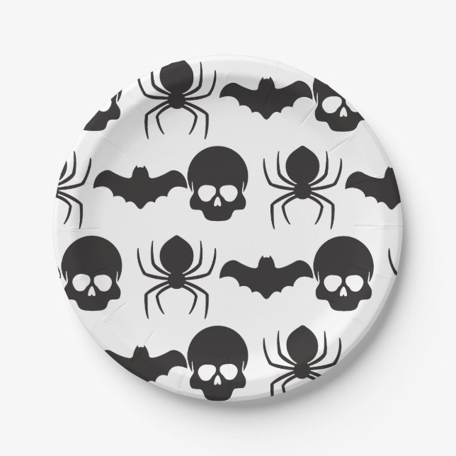 Creepy Spooky Halloween  – Skull, Spider & Bat Paper Plates (Front)