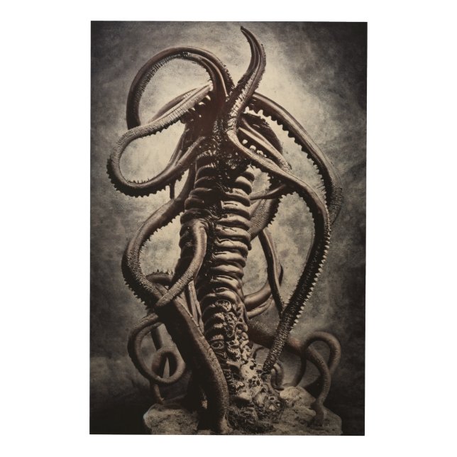 Creepy Statue of an Ancient Alien Entity Wood Wall Art (Front)