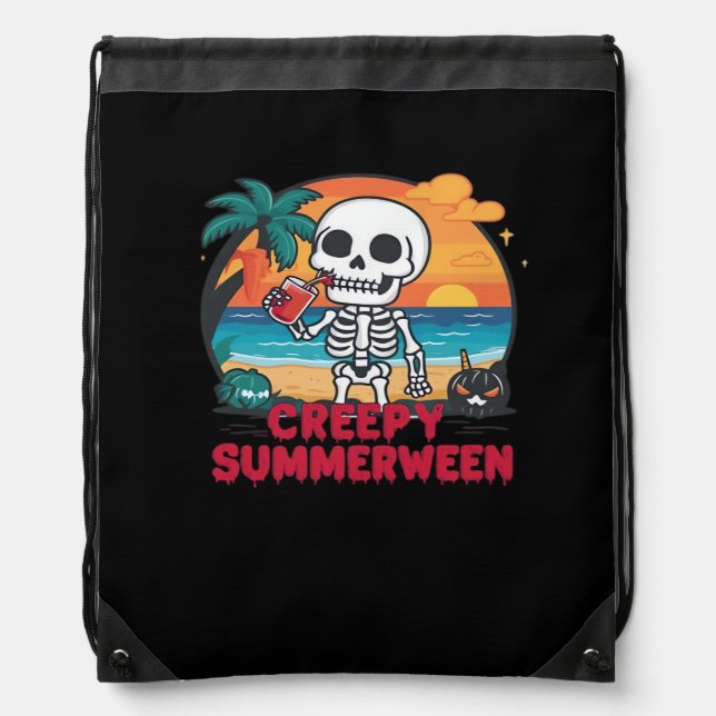Creepy Summerween - Cute Skeleton On The Beach Cla Drawstring Bag (Front)