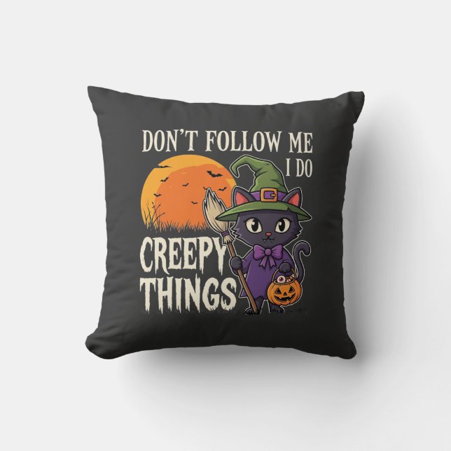 Creepy Things Halloween Cat Witch Design_1 Throw Pillow (Front)