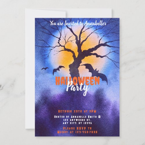 Creepy Tree Full Moon Bats Halloween Party Invitation