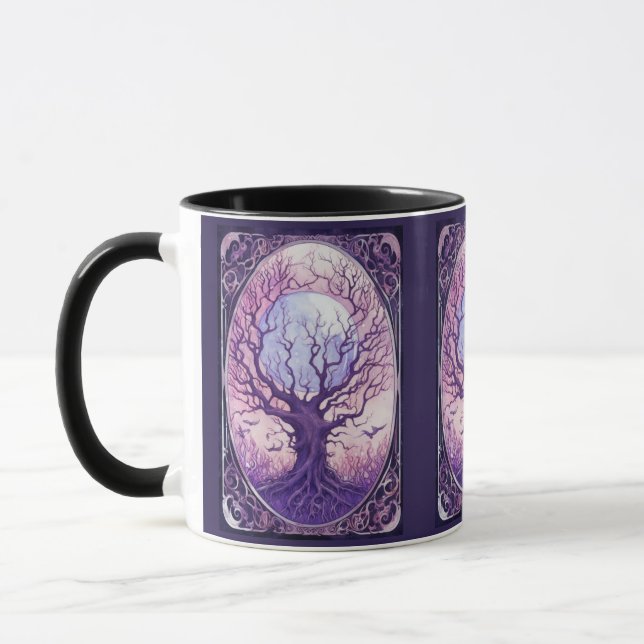 Creepy Tree Full Moon Birds Purple Halloween Mug (Left)