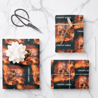 Creepy Vibes. Flaming skull in space Wrapping Paper Sheets